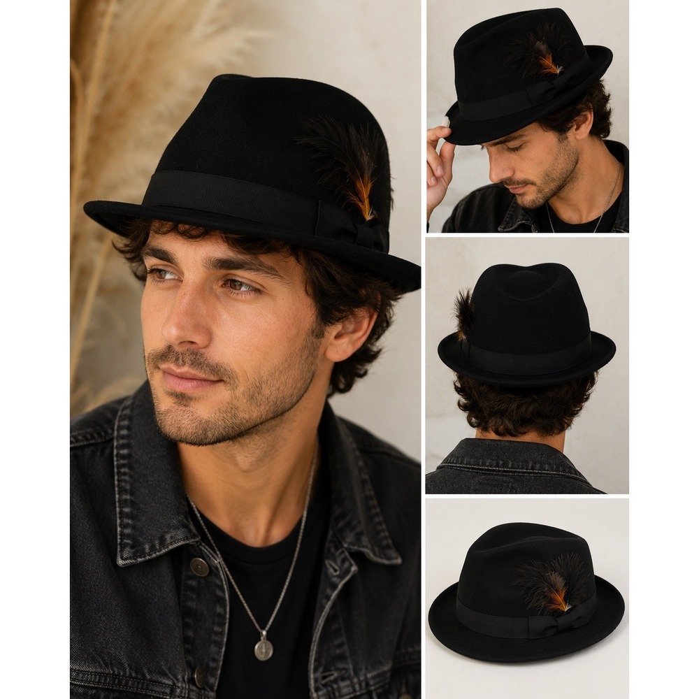 Vintage Lancaster Black 100% Wool Fedora Hat Feather Accent Made USA Unisex